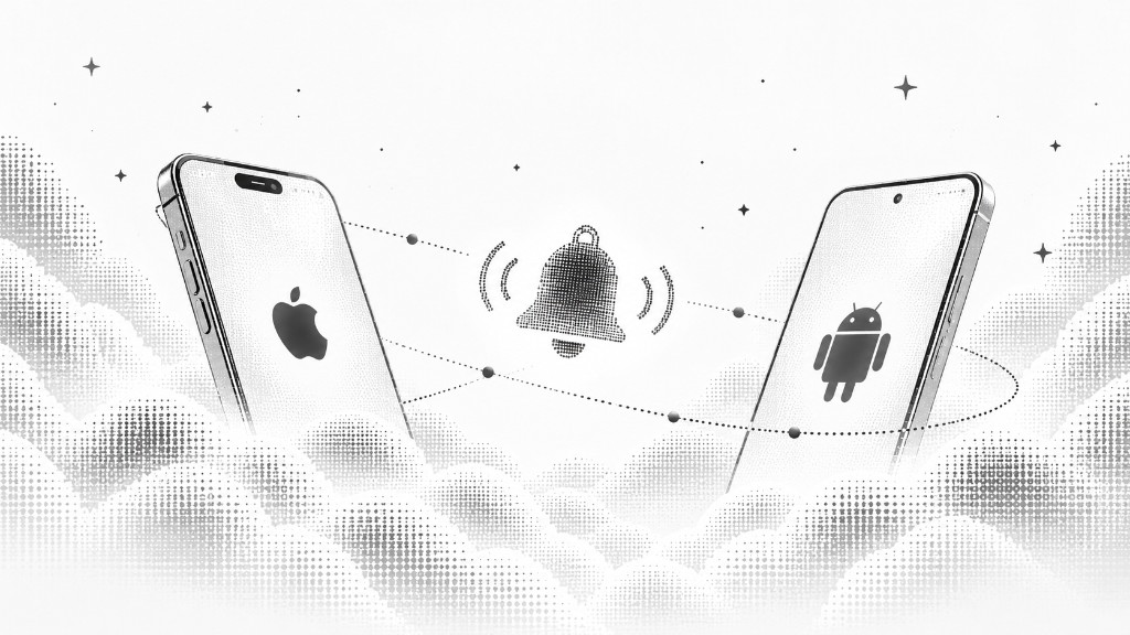 iOS and Android phones with a ringing notification bell above the clouds.