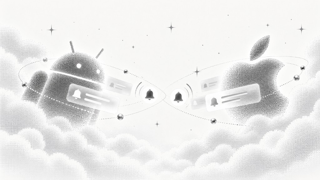 Android and Apple logos with notification banners floating above clouds.