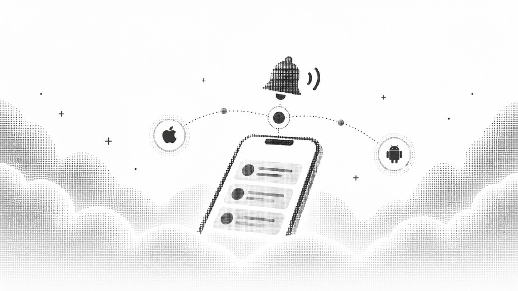 A phone above the clouds with Apple, Android, and a ringing notification bell.