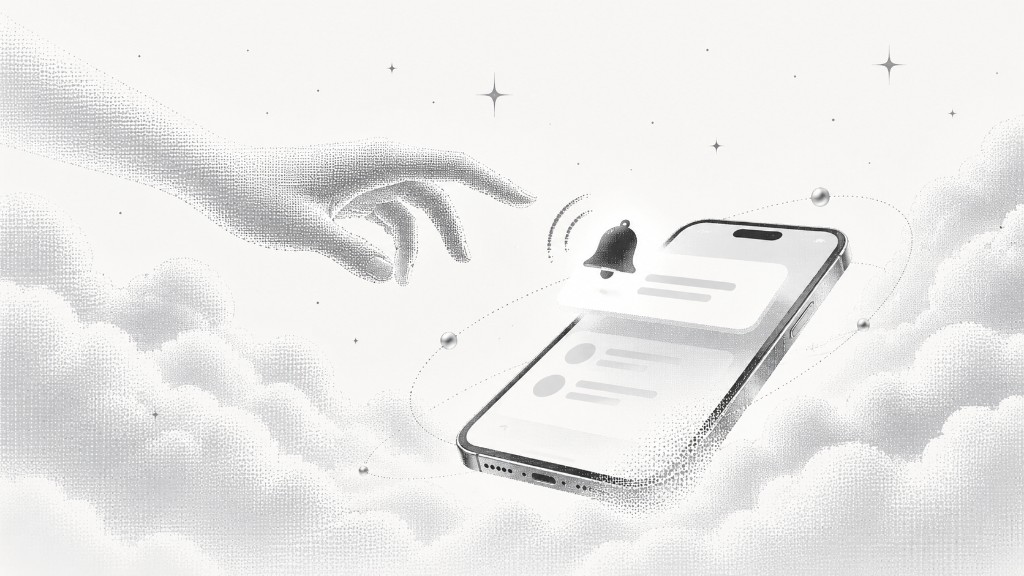 A hand reaching toward a notification bell on a phone.